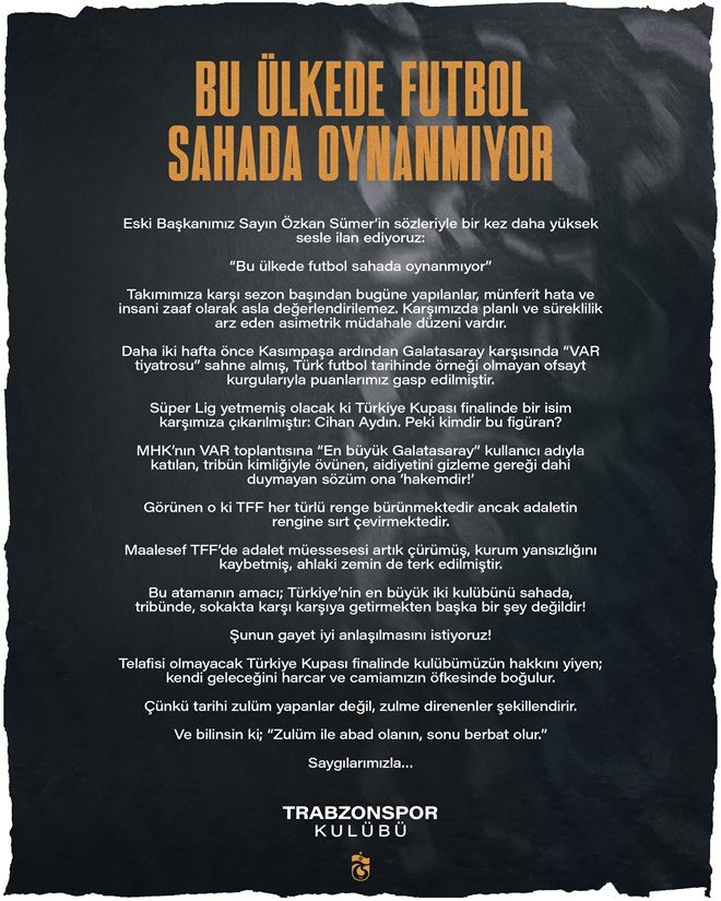 60e4d37eeee14d46953b2757e8b9787a Trabzonspor'dan kupa finali öncesi TFF ve Cihan Aydın'a olay sözler: "Camiamızın öfkesinde boğulur"  - 5. Foto